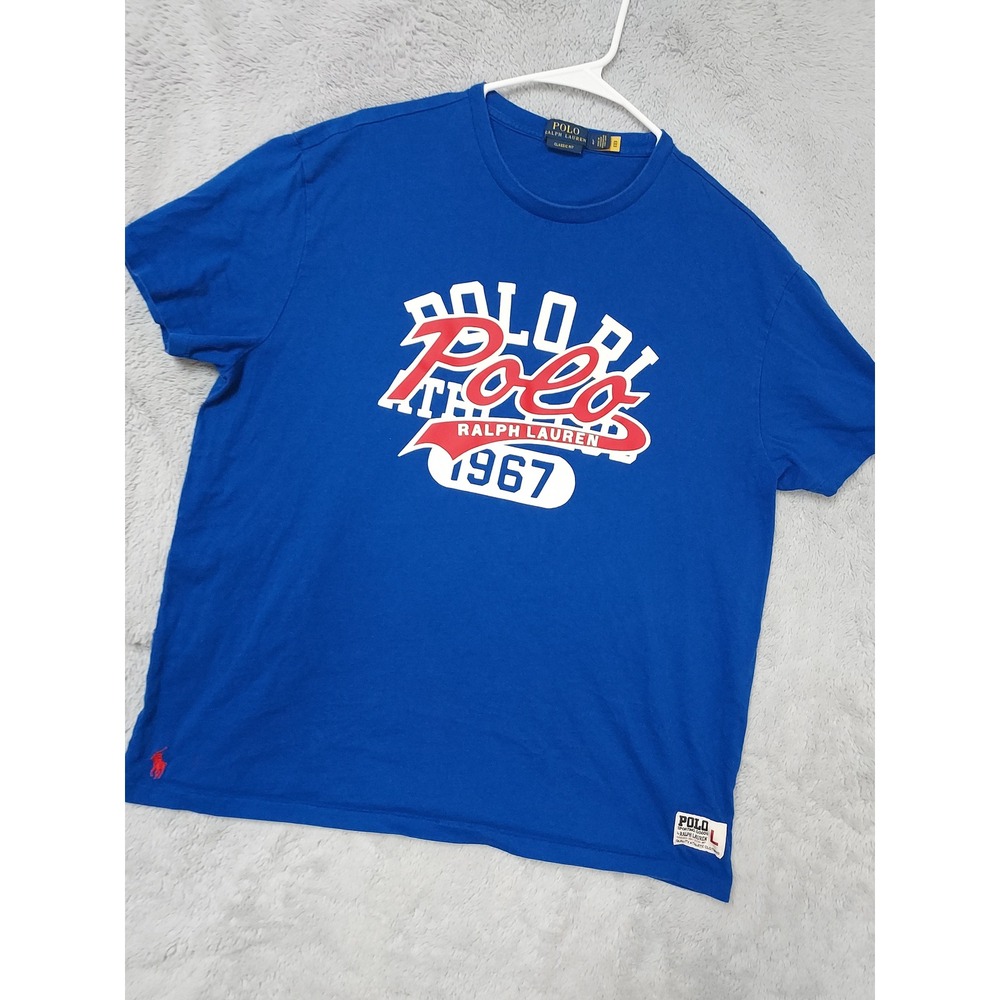 Polo Ralph Lauren Shirt Men Large Graphic Athletic 1967 Blue Short Sleeve Preppy